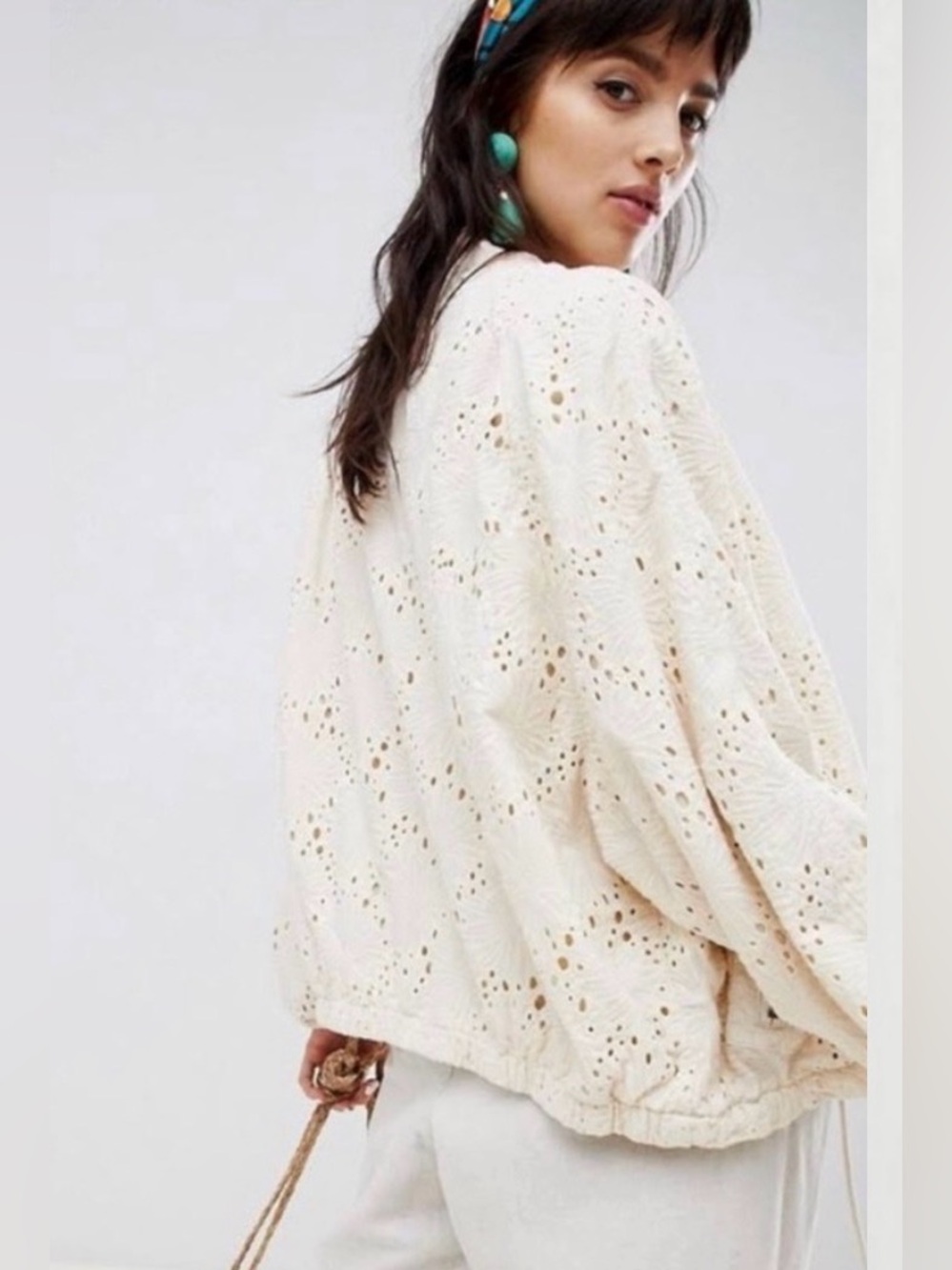 Free People Women’s Daisy Jane Cotton Eyelet Bomber Jacket Size Medium - Picture 5 of 11